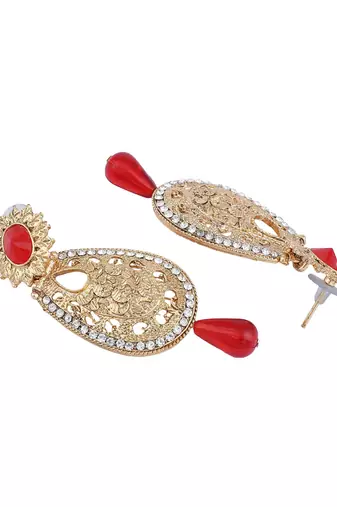 Exclusive Design Gold Plated Stone Studded Red Oval Shape Drop Earring