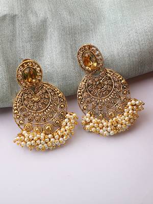 Gold Plated Chandbali Shape Stone and Pearl Cluster Earring 1