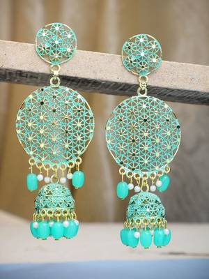 Gold Plated Traditional Look Sea Green Chandbali Jhumka 1