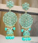 Gold Plated Traditional Look Sea Green Chandbali Jhumka