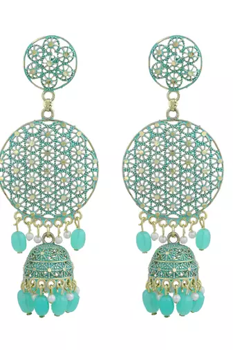 Gold Plated Traditional Look Sea Green Chandbali Jhumka
