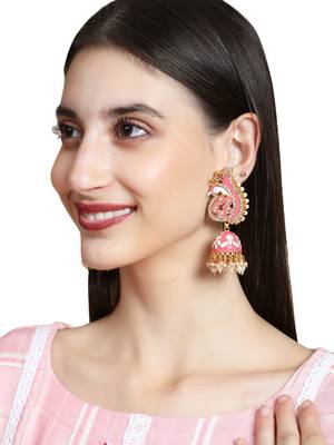 Pastel Pink Peacock Shaped Gold Plated Meenakari Jhumka 1