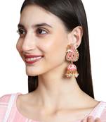 Pastel Pink Peacock Shaped Gold Plated Meenakari Jhumka