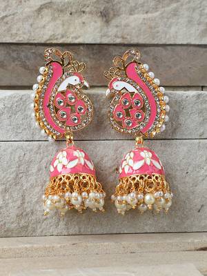 Pastel Pink Peacock Shaped Gold Plated Meenakari Jhumka 2