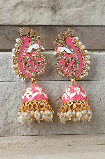 Pastel Pink Peacock Shaped Gold Plated Meenakari Jhumka