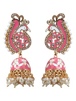 Pastel Pink Peacock Shaped Gold Plated Meenakari Jhumka 3