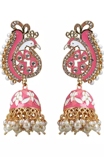 Pastel Pink Peacock Shaped Gold Plated Meenakari Jhumka