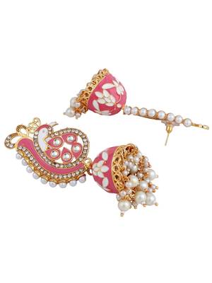 Pastel Pink Peacock Shaped Gold Plated Meenakari Jhumka 4
