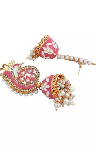 Pastel Pink Peacock Shaped Gold Plated Meenakari Jhumka