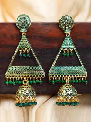 Green Enamelled Gold Plated Triangular Shape Jhumka Earring 1