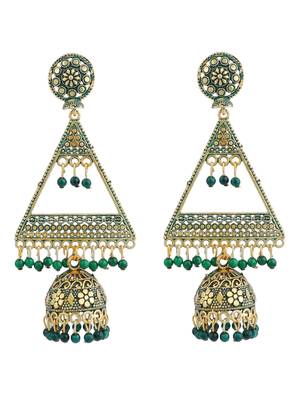 Green Enamelled Gold Plated Triangular Shape Jhumka Earring 2
