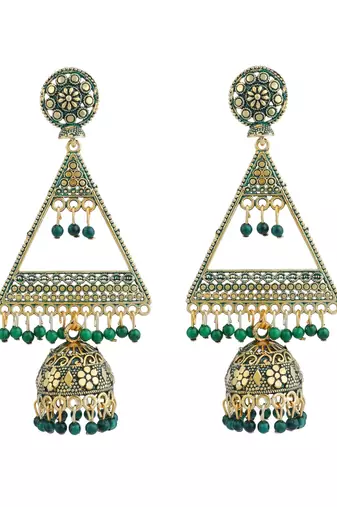 Green Enamelled Gold Plated Triangular Shape Jhumka Earring