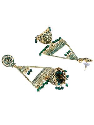 Green Enamelled Gold Plated Triangular Shape Jhumka Earring 3