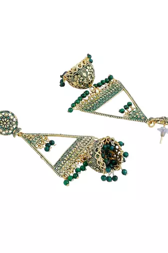 Green Enamelled Gold Plated Triangular Shape Jhumka Earring