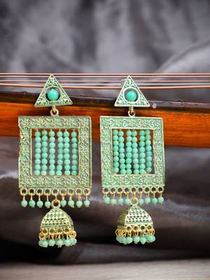 Sea Green Enamelled Gold Plated Square Shape Jhumka Earring 1