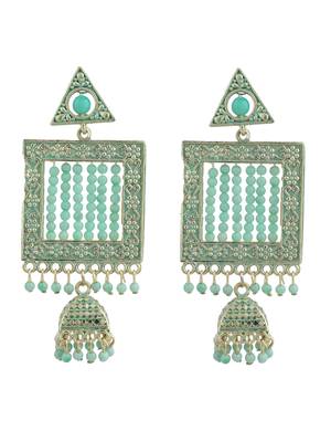 Sea Green Enamelled Gold Plated Square Shape Jhumka Earring 2