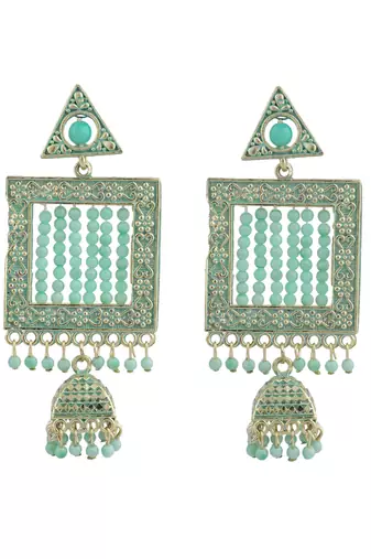 Sea Green Enamelled Gold Plated Square Shape Jhumka Earring
