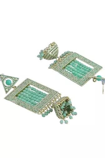 Sea Green Enamelled Gold Plated Square Shape Jhumka Earring