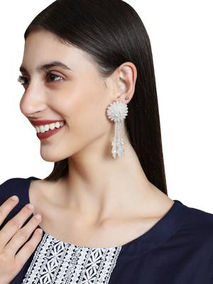 Designer White Floral Design Beaded  Contemporary Taselled Earring 1