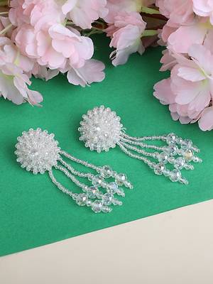 Designer White Floral Design Beaded  Contemporary Taselled Earring 2