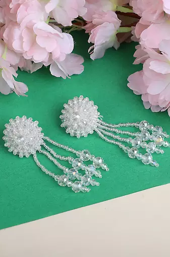 Designer White Floral Design Beaded  Contemporary Taselled Earring