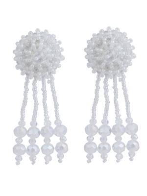 Designer White Floral Design Beaded  Contemporary Taselled Earring 3