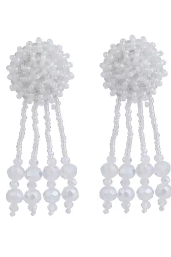 Designer White Floral Design Beaded  Contemporary Taselled Earring