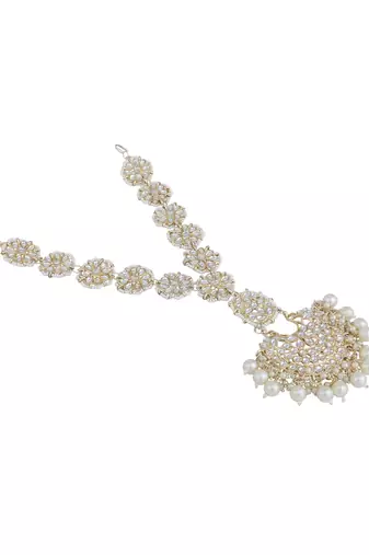 Designer Gold Tone Kundan Studded Bridal Maathapati with White Beads