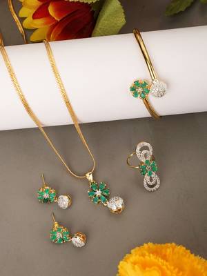 Stylish Gold Tone Sleek Chain Pendant Earring , Bracelet and Ring Green AD Set 1