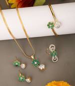 Stylish Gold Tone Sleek Chain Pendant Earring , Bracelet and Ring Green AD Set