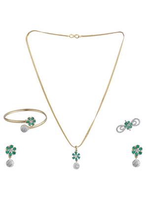 Stylish Gold Tone Sleek Chain Pendant Earring , Bracelet and Ring Green AD Set 2
