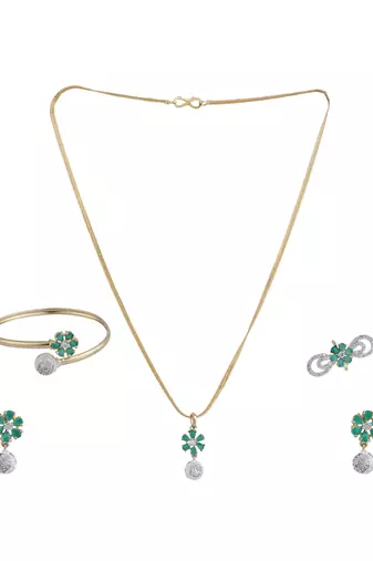 Stylish Gold Tone Sleek Chain Pendant Earring , Bracelet and Ring Green AD Set