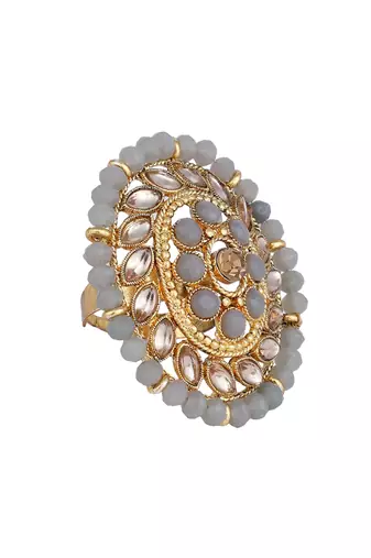 Indian Design Grey Bead And Stone studded Adjustable Cocktail Ring