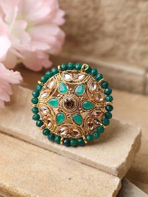 Circular Pattern Gold Plated Stone and Bead Studded Green Floral Adjustable Ring 1