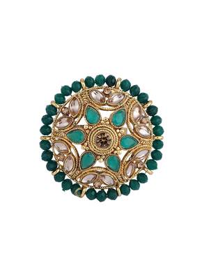 Circular Pattern Gold Plated Stone and Bead Studded Green Floral Adjustable Ring 2