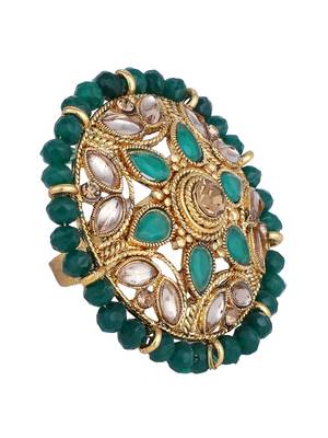 Circular Pattern Gold Plated Stone and Bead Studded Green Floral Adjustable Ring 3