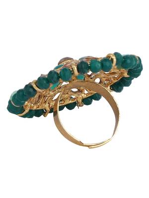 Circular Pattern Gold Plated Stone and Bead Studded Green Floral Adjustable Ring 4