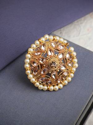 Circular Pattern Gold Plated Stone and Bead Studded White Floral Adjustable Ring 1