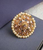 Circular Pattern Gold Plated Stone and Bead Studded White Floral Adjustable Ring