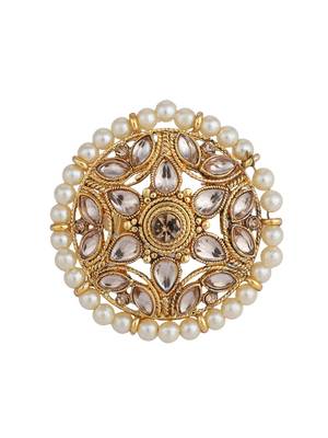 Circular Pattern Gold Plated Stone and Bead Studded White Floral Adjustable Ring 2