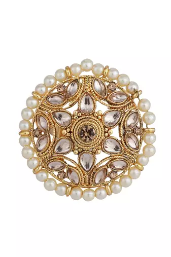Circular Pattern Gold Plated Stone and Bead Studded White Floral Adjustable Ring