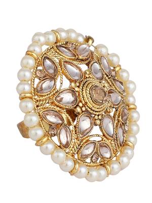 Circular Pattern Gold Plated Stone and Bead Studded White Floral Adjustable Ring 3