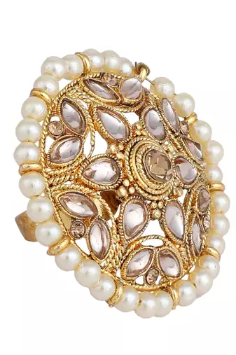 Circular Pattern Gold Plated Stone and Bead Studded White Floral Adjustable Ring