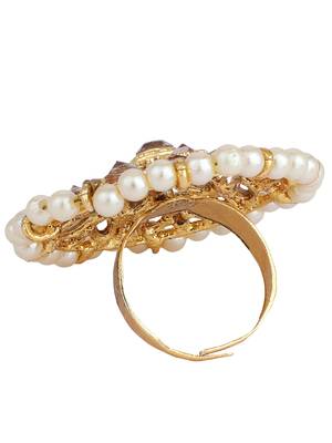 Circular Pattern Gold Plated Stone and Bead Studded White Floral Adjustable Ring 4