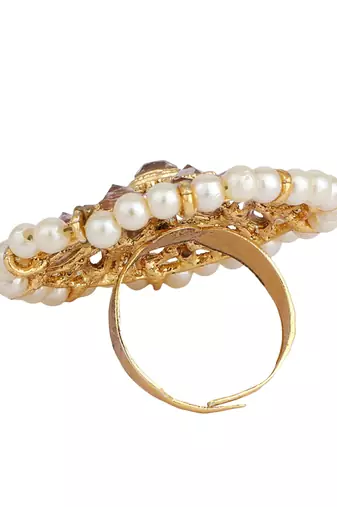 Circular Pattern Gold Plated Stone and Bead Studded White Floral Adjustable Ring