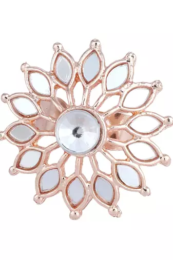 Indian Design White Glass Work Adjustable Floral Shape Cocktail Ring