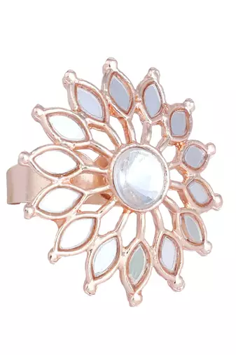 Indian Design White Glass Work Adjustable Floral Shape Cocktail Ring