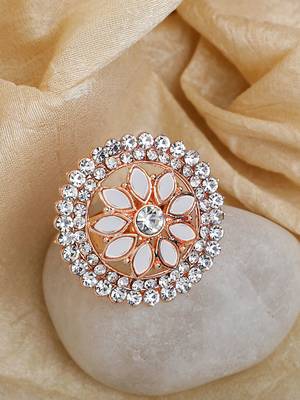 Indian Design White Glass Work and Stone Adjustable Floral Shape Cocktail Ring 1