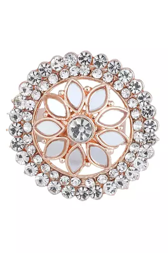 Indian Design White Glass Work and Stone Adjustable Floral Shape Cocktail Ring