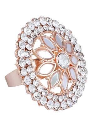 Indian Design White Glass Work and Stone Adjustable Floral Shape Cocktail Ring 3